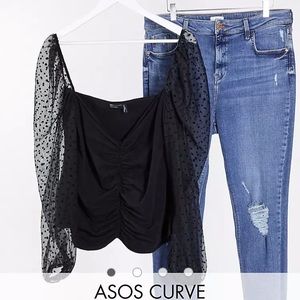 Ruched black mesh sleeve shirt. GORGEOUS